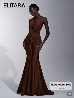 Elitara Brown Backless Halter Evening Dress